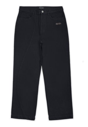 Pantalons noirs en coton avec une coupe droite. Comprend une fermeture à bouton, cinq poches et un discret logo sur le devant.