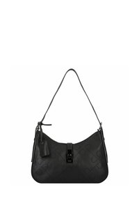 Borsa a tracolla in pelle nera con forma curva, texture liscia e motivo a cuore stampato. Presenta una tracolla e una chiusura con gancio.