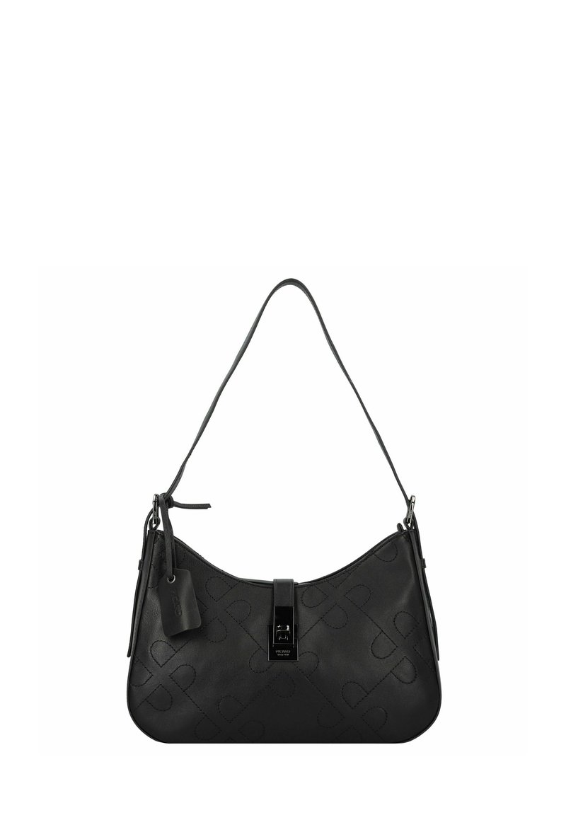 Borsa a tracolla in pelle nera con forma curva, texture liscia e motivo a cuore stampato. Presenta una tracolla e una chiusura con gancio.