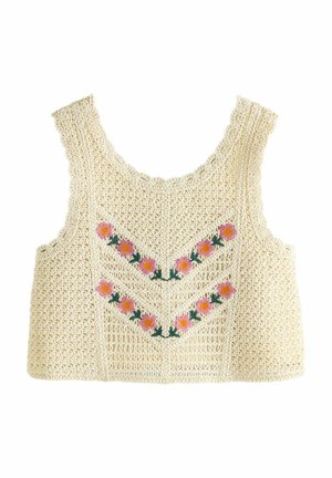Kremfarvet hæklede ærmeløse croptop med pink og orange blomsterbroderi, der danner to chevronmønstre foran.