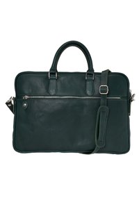 Donkergroene leren tas met dubbele handgrepen, een verstelbare schouderband en een voorvak met rits. Soepele textuur met minimale stiksels.