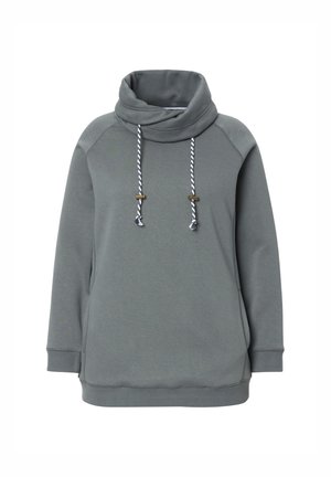 Langarm-Hoodie aus grauem Stoff mit einem Kragen, ausgestattet mit weißen und grauen Kordeln sowie metallischen Akzenten an den Enden. Insgesamt glatte Textur.