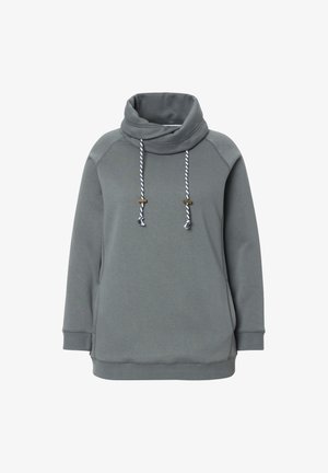 Sudadera de manga larga en tela gris con un cuello de cowl, cuenta con cordones blancos y grises y acentos metálicos en los extremos. Textura suave en general.