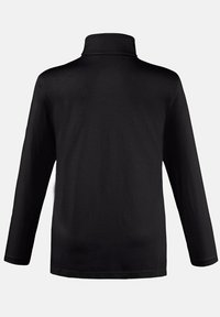 Black long-sleeve top with a high collar, crafted from smooth fabric. Features a relaxed fit and minimal seams, suitable for casual wear.