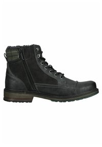 Herren-Ankle Boots aus schwarzem Leder mit strukturiertem Finish, ausgestattet mit einer Schnürung an der Vorderseite, einem seitlichen Reißverschluss und einem grünen Karomuster-Akzent auf der Rückseite.