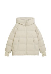 Gevoerde lichtbeige jas met een oversized capuchon, een rits aan de voorkant en twee zijzakken met rits. Heeft ribgebreide manchetten en een doorgestikt ontwerp.
