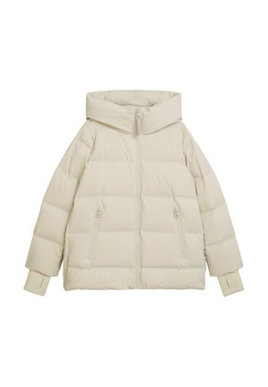Padded jas beżowy w jasnym odcieniu z oversize'owym kapturem, przednim zamkiem błyskawicznym i dwoma bocznymi kieszeniami na zamek. Posiada ściągacze na rękawach oraz pikowany wzór.