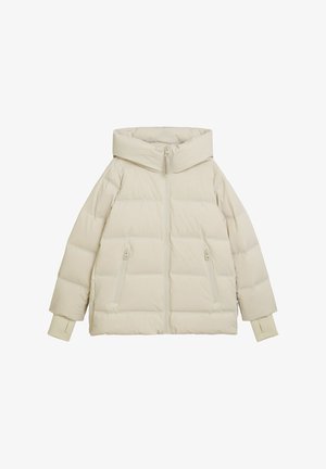 Padded light beige jacket with an oversized hood, front zipper, and two side zippered pockets. Features ribbed cuffs and quilted design.