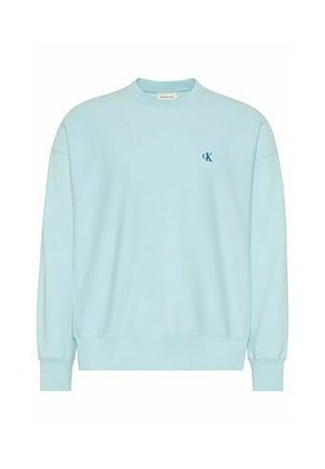 Hellblaues Sweatshirt mit Rundhalsausschnitt, langen Ärmeln und kleinem schwarzem "cK"-Logo auf der linken Brust.