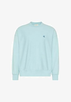 Hellblaues Sweatshirt mit Rundhalsausschnitt, langen Ärmeln und kleinem schwarzem "cK"-Logo auf der linken Brust.