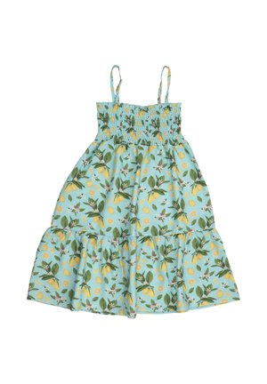 Sleeveless light blue dress with smocked bodice, yellow lemon and green leaf print, and ruffled hem, designed for a child.