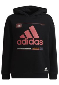 Czarna bluza z kapturem z dużym różowym logo Adidas, akcentami graficznymi i małą naszywką z logo. Klasyczny krój z kapturem, z prążkowanymi mankietami i dołem.