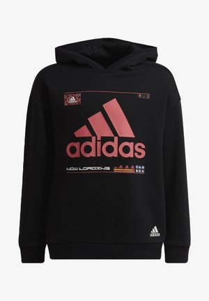 Czarna bluza z kapturem z dużym różowym logo Adidas, akcentami graficznymi i małą naszywką z logo. Klasyczny krój z kapturem, z prążkowanymi mankietami i dołem.