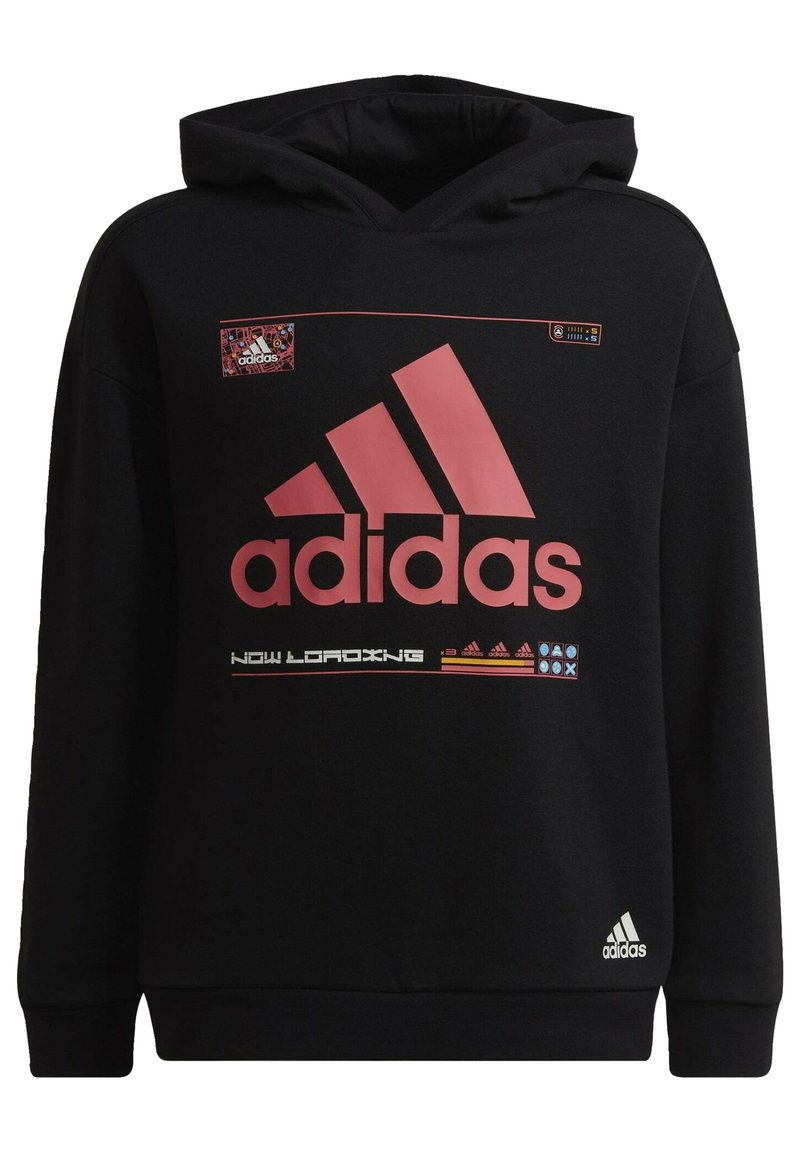 Czarna bluza z kapturem z dużym różowym logo Adidas, akcentami graficznymi i małą naszywką z logo. Klasyczny krój z kapturem, z prążkowanymi mankietami i dołem.