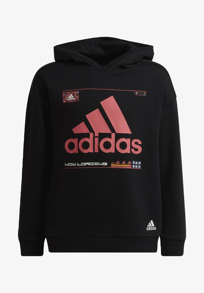 Czarna bluza z kapturem z dużym różowym logo Adidas, akcentami graficznymi i małą naszywką z logo. Klasyczny krój z kapturem, z prążkowanymi mankietami i dołem.