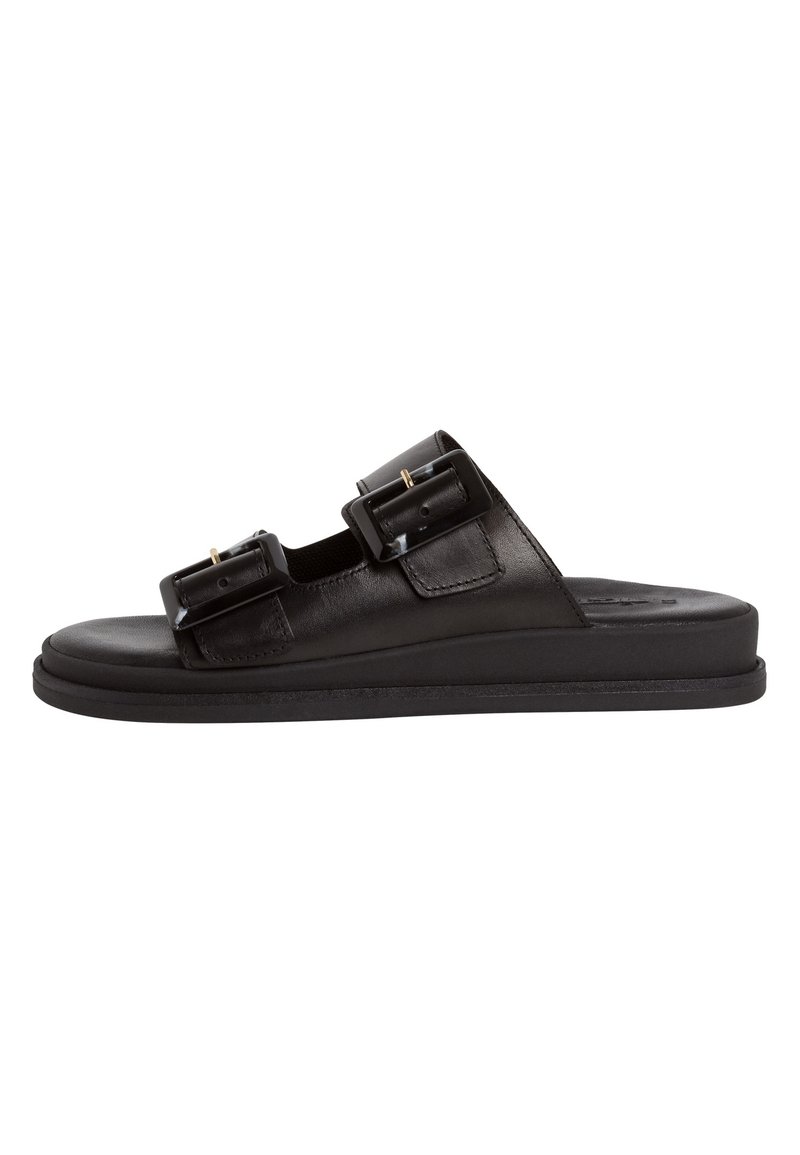 Black leather slide sandal featuring two large, rectangular buckles, a flat sole, and a smooth texture with minimal design details.