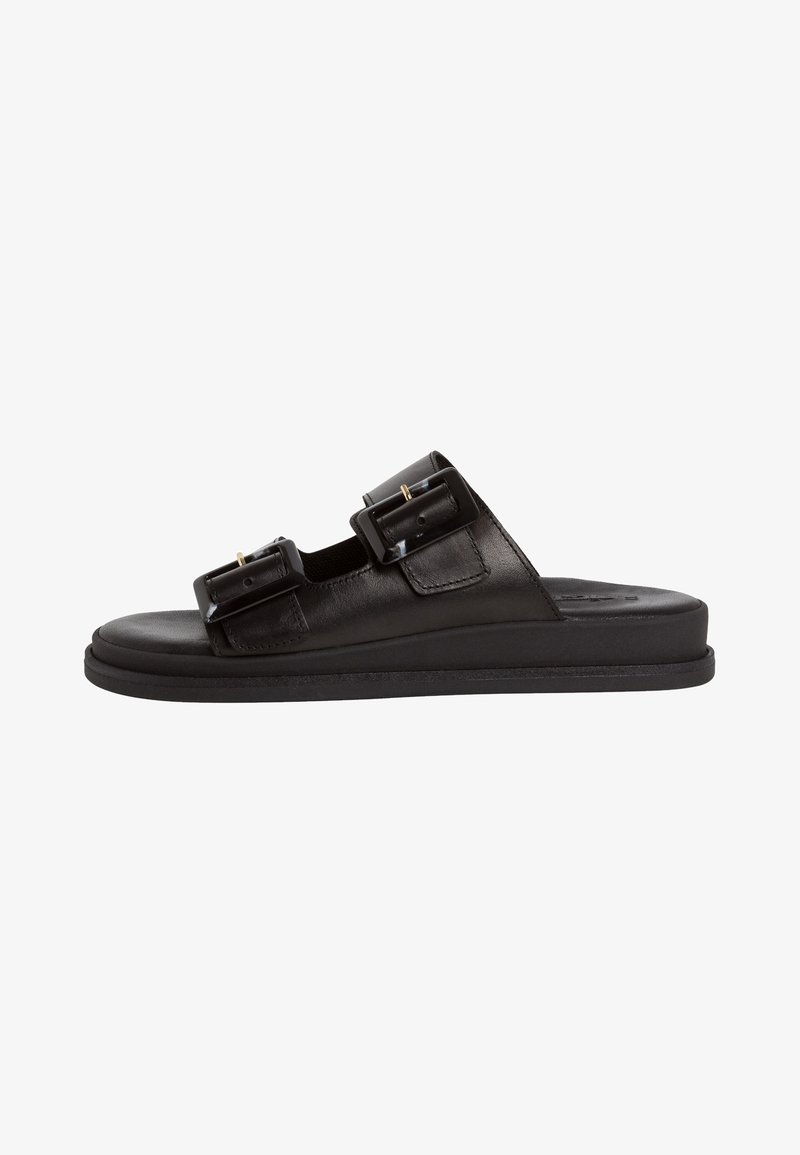 Black leather slide sandal featuring two large, rectangular buckles, a flat sole, and a smooth texture with minimal design details.
