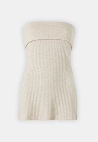 Top strapless a coste beige con silhouette aderente, tessuto testurizzato e scollo liscio. Design semplice e senza cuciture.
