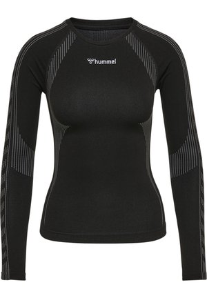 Zwarte sporttop met lange mouwen, witte stippenpatroon accenten en "hummel" logo gecentreerd op de borst, aangesloten stijl.