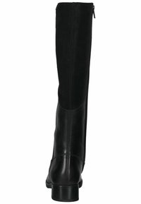 Knä-höga svarta läderstövlar med en slät finish och sammetspanel, med en siddragkedja och en låg klack.