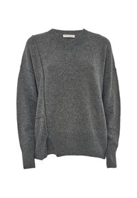 Maglione grigio a maglia con scollo a V, vestibilità ampia, spalle scese e spacchi laterali. Maniche e orlo a costine, con una finitura morbida e testurizzata.