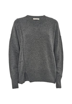 Maglione grigio a maglia con scollo a V, vestibilità ampia, spalle scese e spacchi laterali. Maniche e orlo a costine, con una finitura morbida e testurizzata.