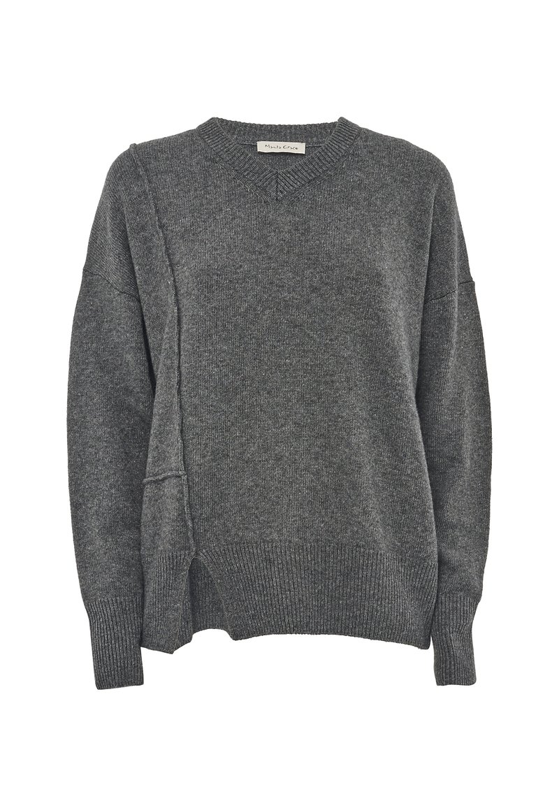 Maglione grigio a maglia con scollo a V, vestibilità ampia, spalle scese e spacchi laterali. Maniche e orlo a costine, con una finitura morbida e testurizzata.