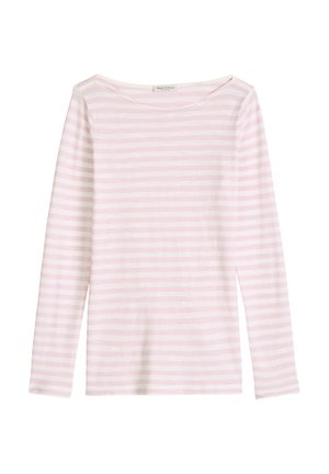 Langarmshirt met lichtroze en witte horizontale strepen, ronde hals en een slanke pasvorm.