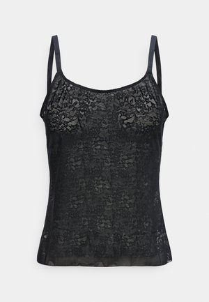 Μαύρο δαντελένιο καμιζολ με floral μοτίβο και λεπτές ρυθμιζόμενες τιράντες σε ουδέτερο φόντο.