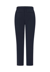 Navybukser med elastisk talje, tilspidset snit, to baglommer og en glat stoftekstur. Simpelt design, velegnet til afslappet brug.