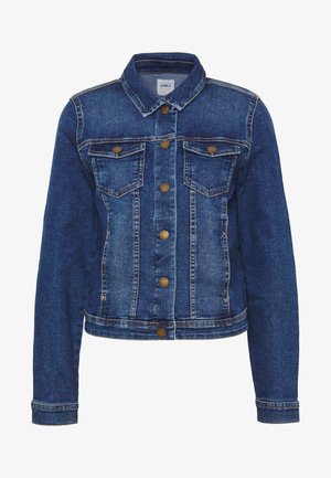 Jeansjacke in Mittelblau, mit einem klassischen Kragen, zwei Brusttaschen und Metallknöpfen. Strukturierter Stoff mit sichtbaren Nähdetails.