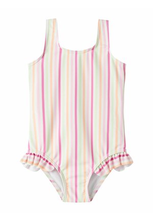 Maillot de bain une pièce pour enfant avec des rayures verticales pastel rose, orange et vert et des bas de jambes volantés.