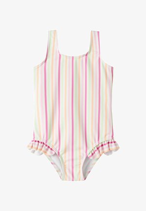 Jednoczęściowy strój kąpielowy dziecięcy w pionowe, pastelowe paski różu, pomarańczy i zieleni oraz falbankami przy nogawkach.