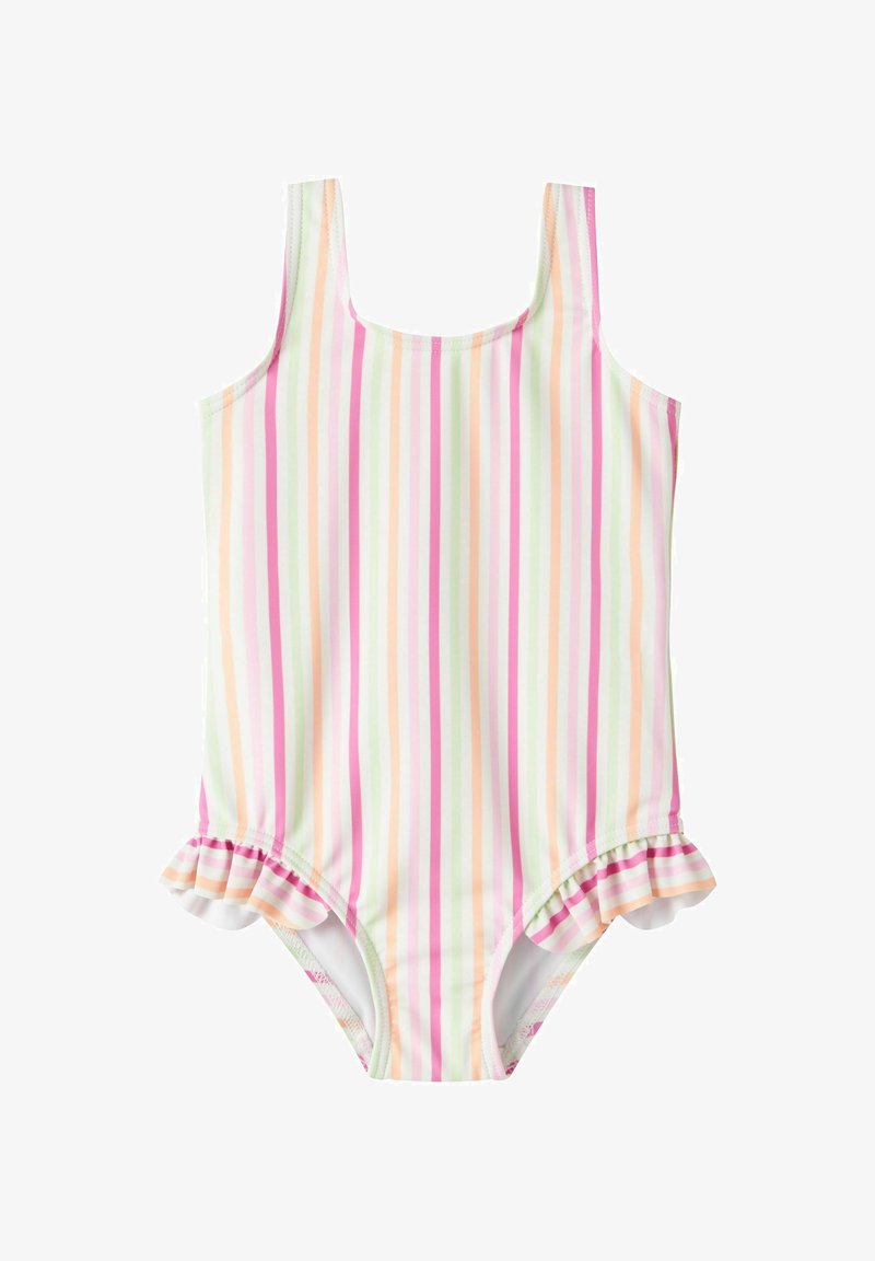 Maillot de bain une pièce pour enfant avec des rayures verticales pastel rose, orange et vert et des bas de jambes volantés.