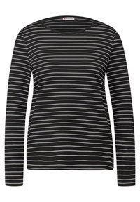 Schwarzes Langarmoberteil mit horizontalen weißen Streifen, rundem Halsausschnitt und weichem Stoff. Lässiges Design, geeignet für den Alltag.