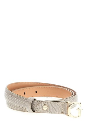 Cintura in ecopelle grigia con motivo testurizzato, dotata di una fibbia circolare in tonalità oro e di un'etichetta brandizzata. Cinque fori di regolazione per adattarsi alla taglia.