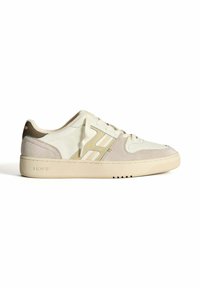 Lichte sneakers met een bovenwerk van witte en beige gemengde materialen,accenten met een tan hiel, gestructureerde panelen en een rubberen zool.