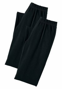 Zwarte katoenen broek met een elastische tailleband, twee zijzakken en een recht model. Zachte textuur, geschikt voor casual draag.