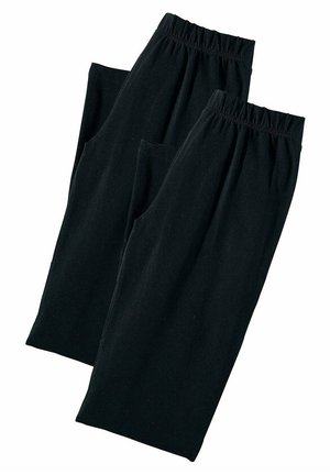 Svart bomullbyxor med elastisk midja, två sidofickor och rak skärning. Mjuk textur, lämplig för avslappnad användning.