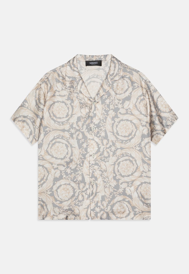 Camicia a maniche corte con bottoni di colore grigio chiaro, con motivi floreali beige, dotata di colletto a revers e texture morbida, progettata per il massimo comfort.