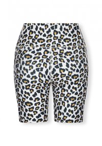Løveprint cykelshorts med en sort, hvid og guld farveskema. Lavet af strækbart materiale med en høj talje.