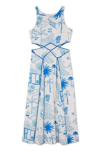 Rochie fără mâneci cu modele grafice albastre pe un fond alb, având palmieri, plante și note scrise de mână. Siluetă în formă de A.