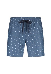 Shorts de bain en tissu bleu foncé avec des motifs de feuilles blanches, taille élastique, cordon de serrage ajustable et détail de poche latérale.