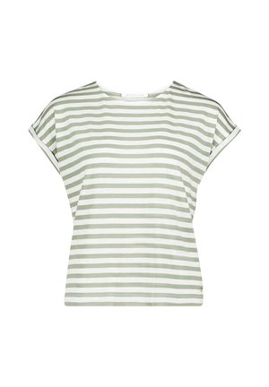 Gestreiftes T-Shirt aus weichem Baumwollstoff mit grünen und weißen horizontalen Streifen, Rundhalsausschnitt und kurz aufgerollten Ärmeln. Mit kleinem Logo-Detail.
