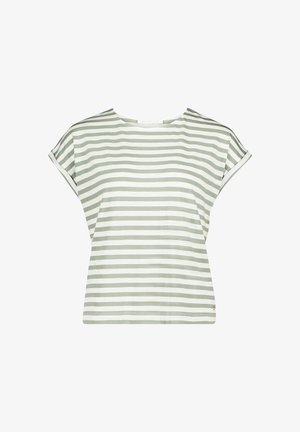 Gestreiftes T-Shirt aus weichem Baumwollstoff mit grünen und weißen horizontalen Streifen, Rundhalsausschnitt und kurz aufgerollten Ärmeln. Mit kleinem Logo-Detail.