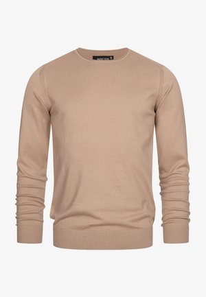 Beiger Rundhalsausschnitt-Pullover aus weichem Strickstoff, mit langen Ärmeln und gerippten Bündchen sowie Saum für eine enge Passform.