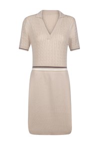 Beige jurk met korte mouwen, kabelbrei-textuur, V-hals kraag en contrasterende horizontale strepen op de taille. Gladde brei stof.
