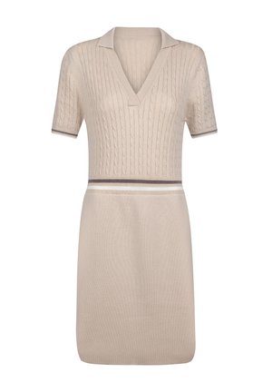 Beige Kurzarmkleid mit Zopfmuster, V-Ausschnitt und kontrastierenden Horizontalstreifen in der Taille. Glattes Strickmaterial.