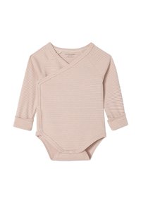 Langärmliger beiger Babybody mit dünnen weißen horizontalen Streifen und Druckknöpfen an der Seite und im Schritt.