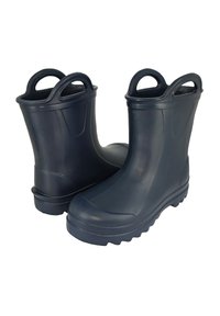 Rubberen regenlaarzen in donker marineblauw, met een gladde oppervlakte, ronde neus, gestructureerde zool en dubbele handvatten bovenaan voor gemakkelijk aan- en uittrekken.